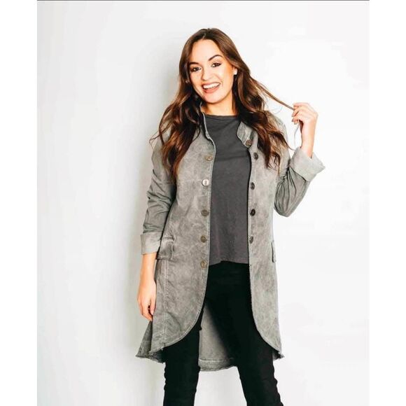 Suzy D London distressed military open front high low size Medium jacket grey - Picture 1 of 8
